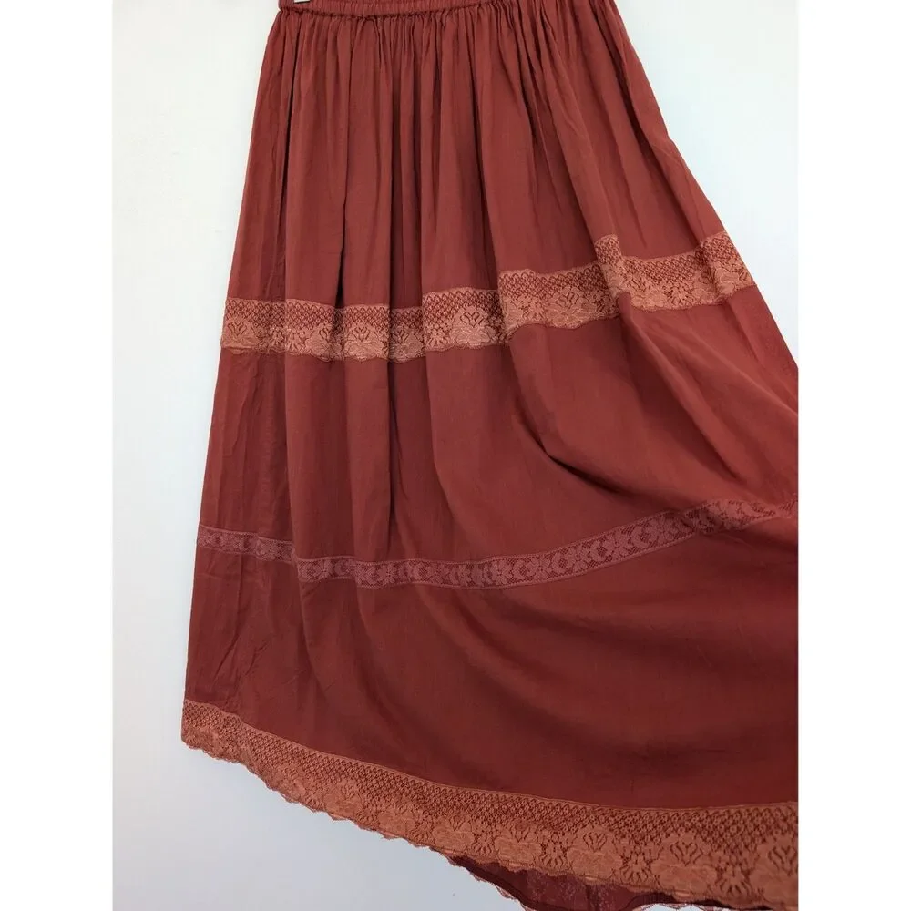Y2K Vintage Rampage Rust Boho Lace Tiered Cotton Midi Skirt Sz M Made in India